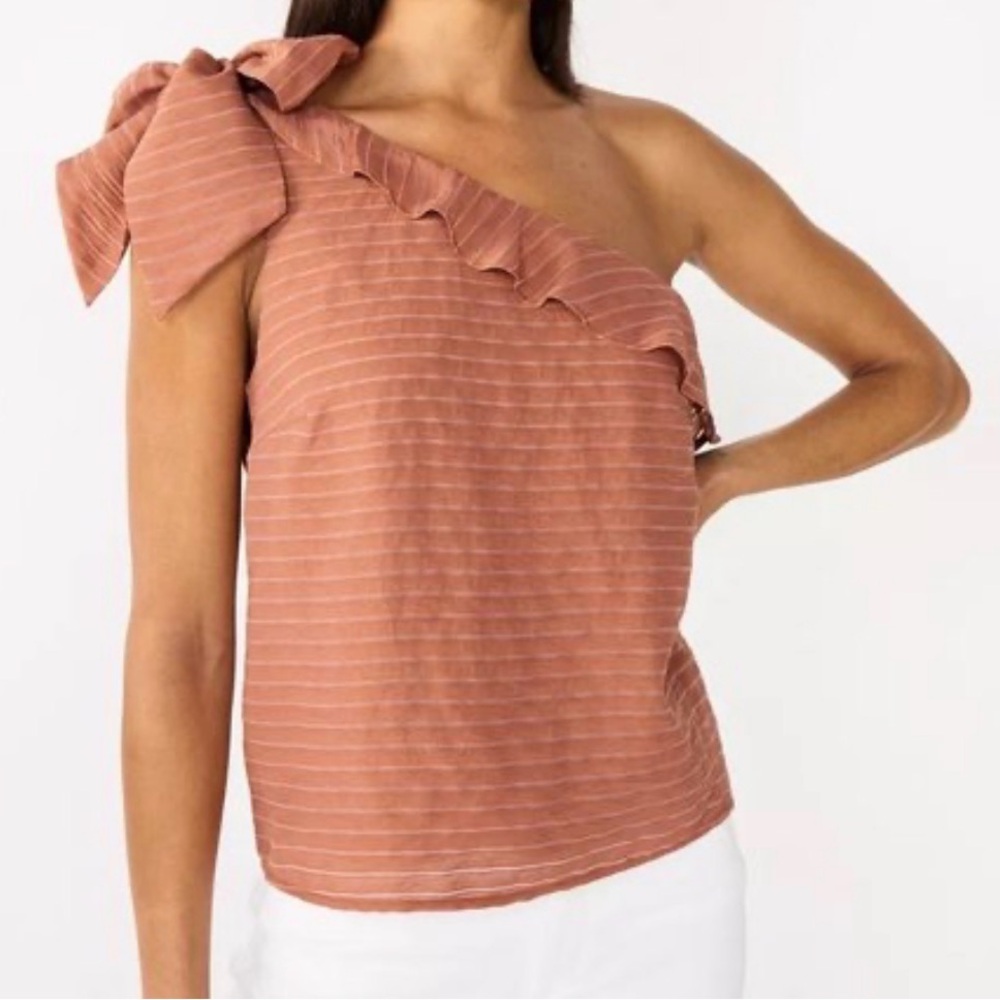 Nine West One-Shoulder Bow Ruffle Top Terracotta Size XS